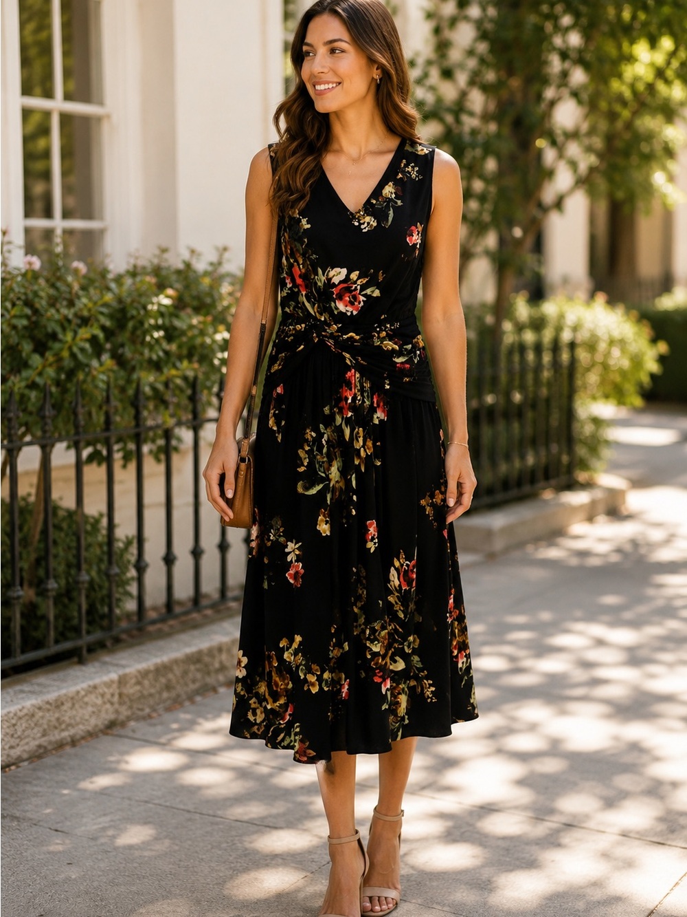 Jones New York Black Floral V-Neck Midi Dress